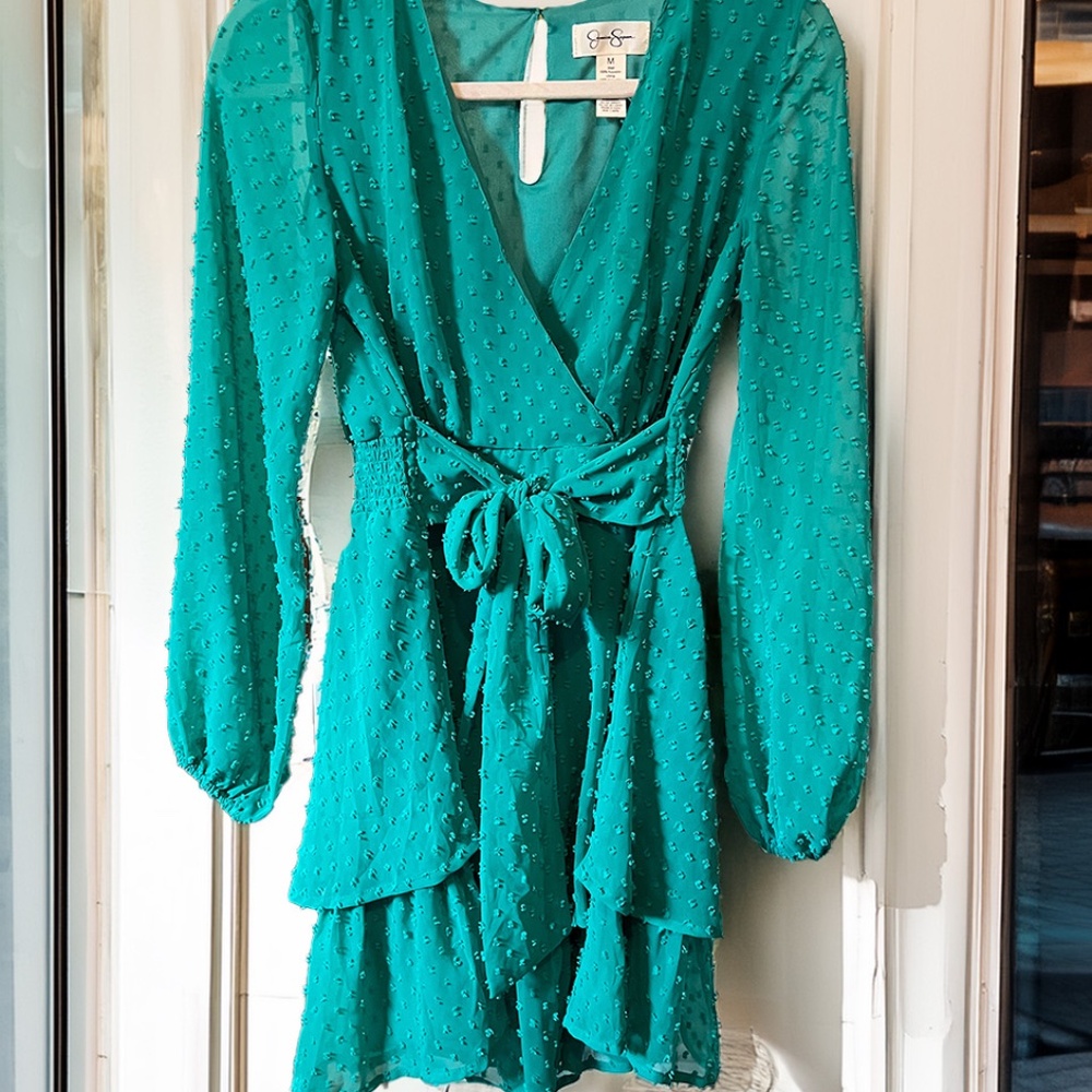 Jessica Simpson Long Sleeve V Neck Short Dress w Sheer Sleeves Size M